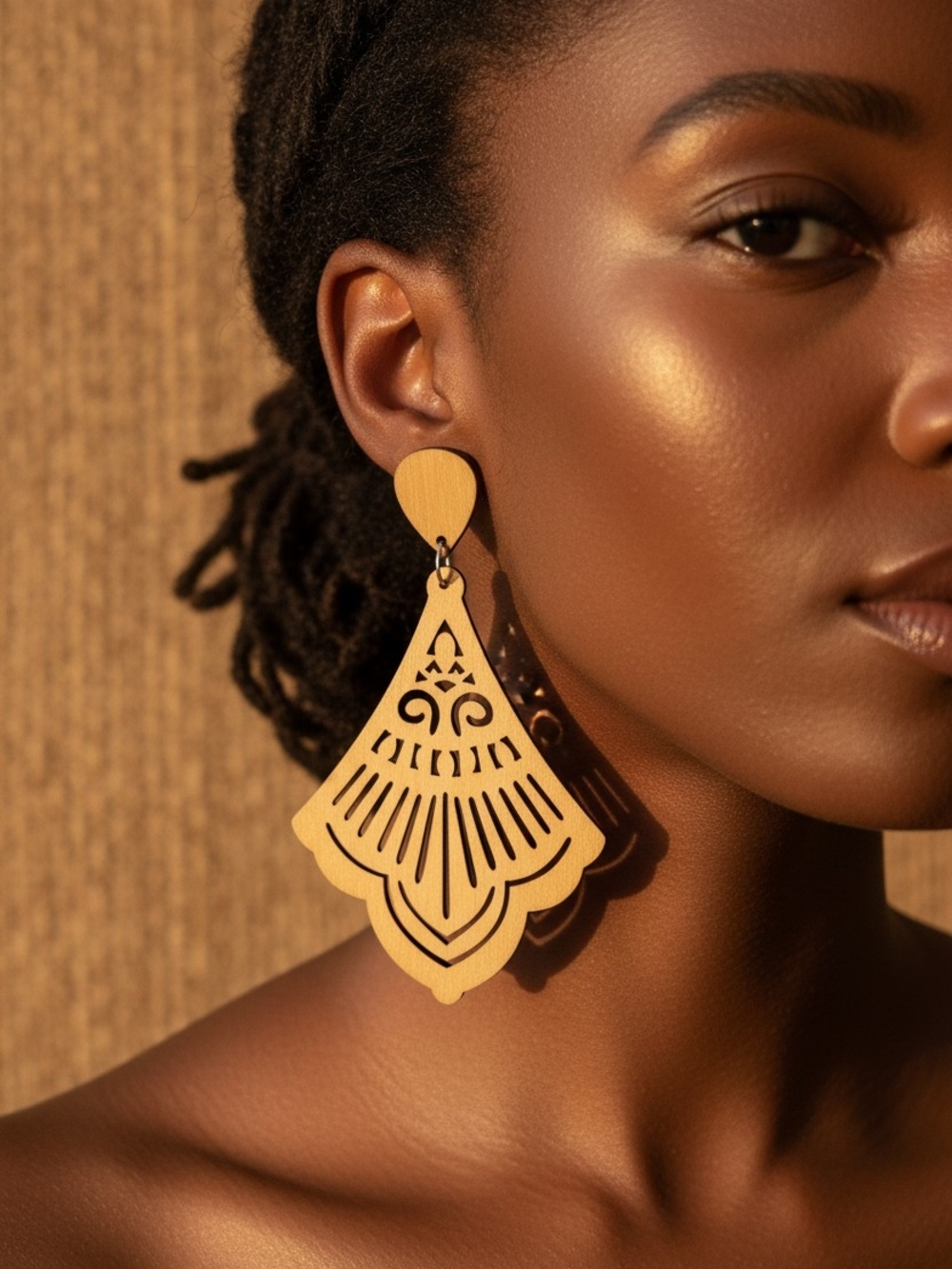 Wooden Filigree Teardrop Dangle Earrings in Natural Gold Tone